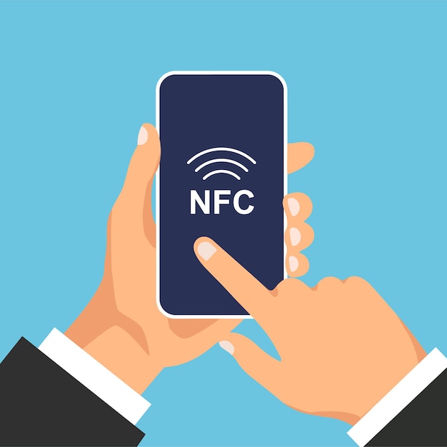 Hand holds smartphone Contactless wireless pay sign Payment by nfc with phone