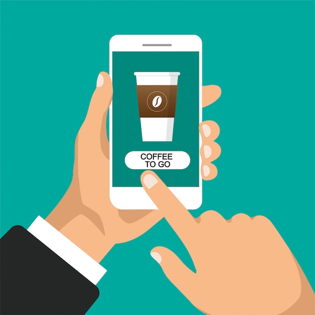 Hand holds smartphone and orders coffee online. Glass of coffee on the phone screen. Flat  illustration. Isolated.