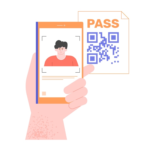 Hand holds smartphone with electronic id. Read qr code. Identification and technology.  flat illustration.