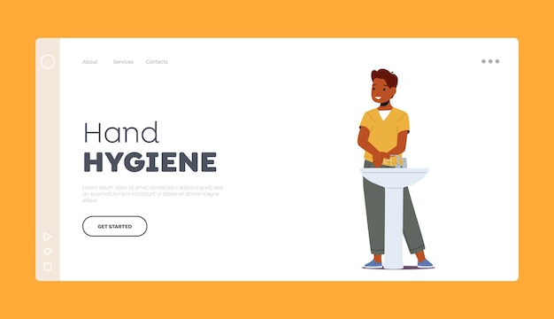 Hand Hygiene Landing Page Template Happy Little African Boy Character Washing Hands Child Health Care