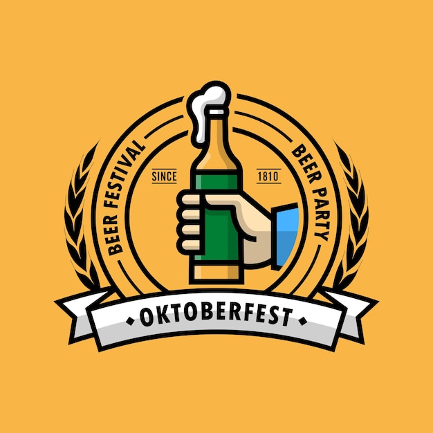 HAND IS HOLDING A BOTTLE OF BEER. OKTOBERFEST LOGO BADGE PREMIUM VECTOR