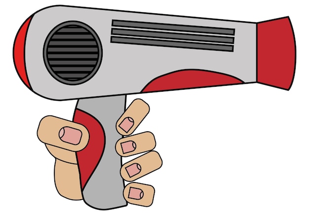 The hand is holding a hair dryer Isolated on white background in cartoon style in vector graphic