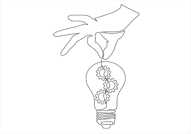 A hand is holding a light bulb with gears on it.