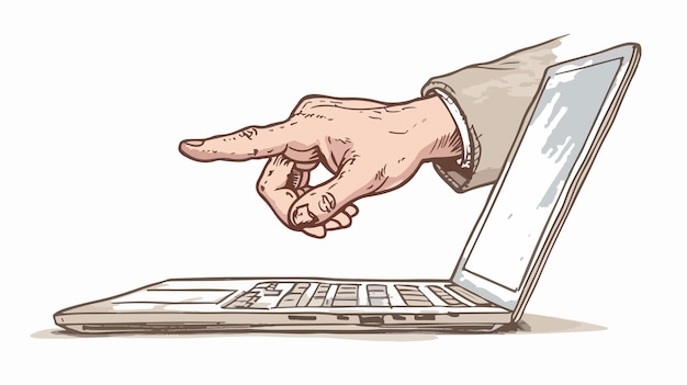 Vector a hand is pointing at a laptop with a finger pointing at the screen