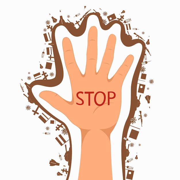 The hand is raised up on the open palm text stop Against wars and propaganda Vector illustration