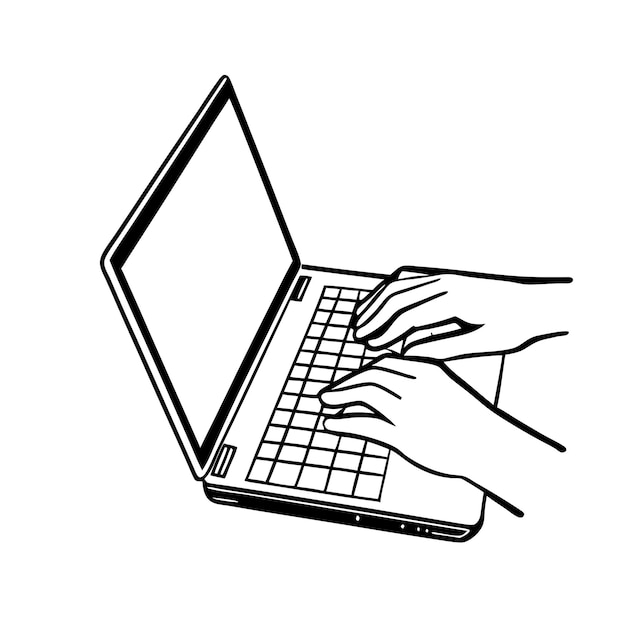 a hand is typing on a laptop with a black and white drawing