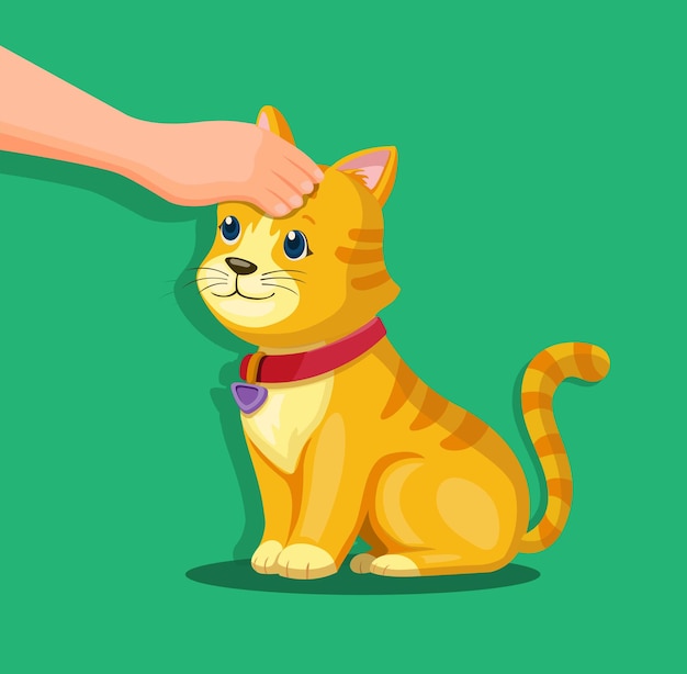 Hand on kitten head. pet animal care and love symbol concept in cartoon illustration 