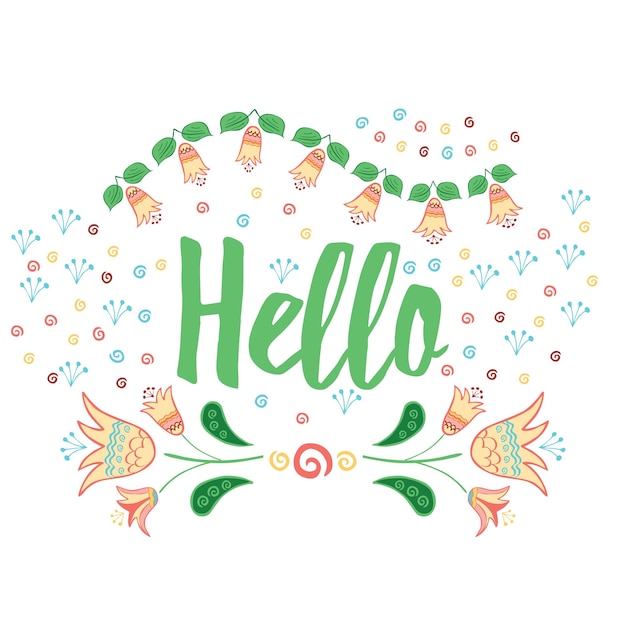 Hand lettering banner Hello on sunny hand drawn doodle floral background Template for your design Vector illustration for card Calligraphy decorative inspiring word with meadow flowers