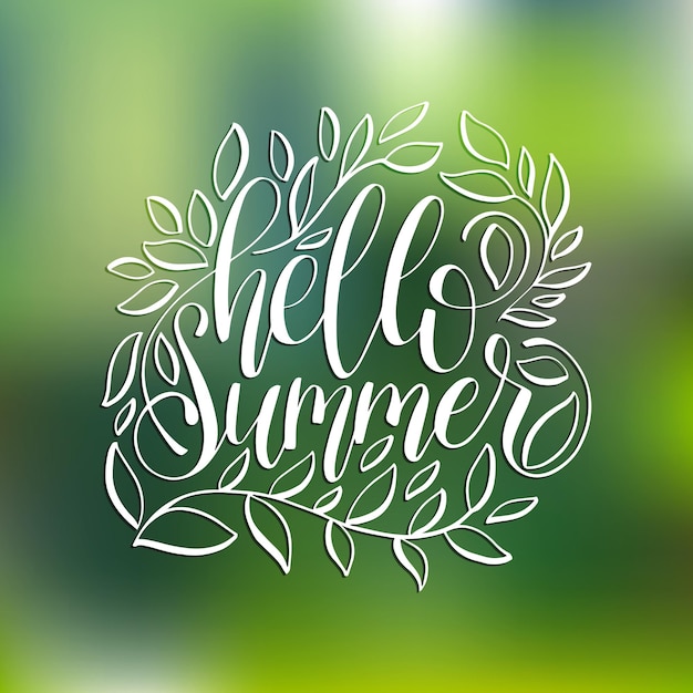 Hand lettering inspirational poster Hello Summer Calligraphy on leaves background Vector fun quote illustration