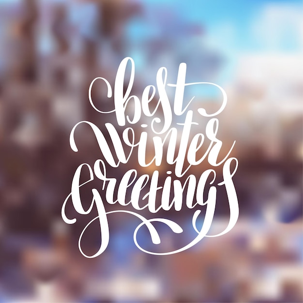 Hand lettering written best winter greetings holiday quote on blur landscape background