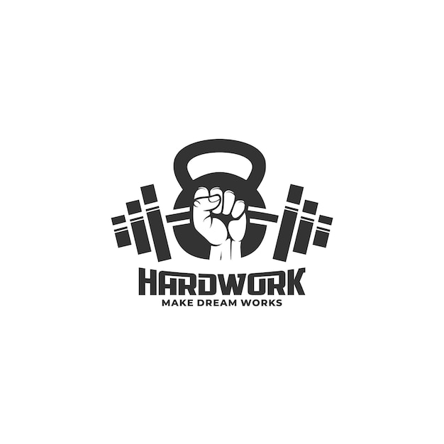 Hand lifting barbell and dumbell illustration of hardwork silhouette