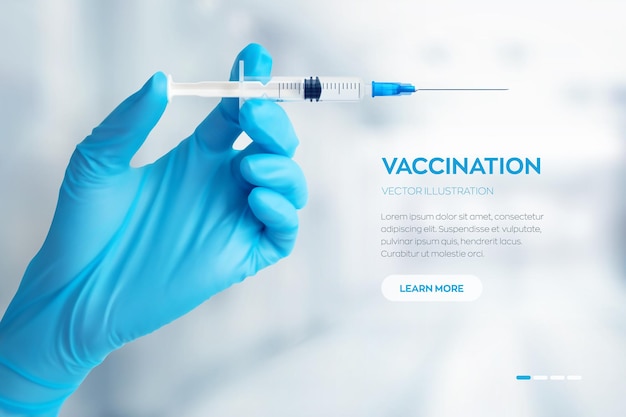 Vector hand in medical blue glove holding syringe with vaccine. vaccination or medicare concept. injection syringe with sharp needle in hand. covid-19 coronavirus vaccine. vector realistic illustration.