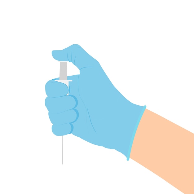 Hand in a medical glove holds a syringe with a vaccine.