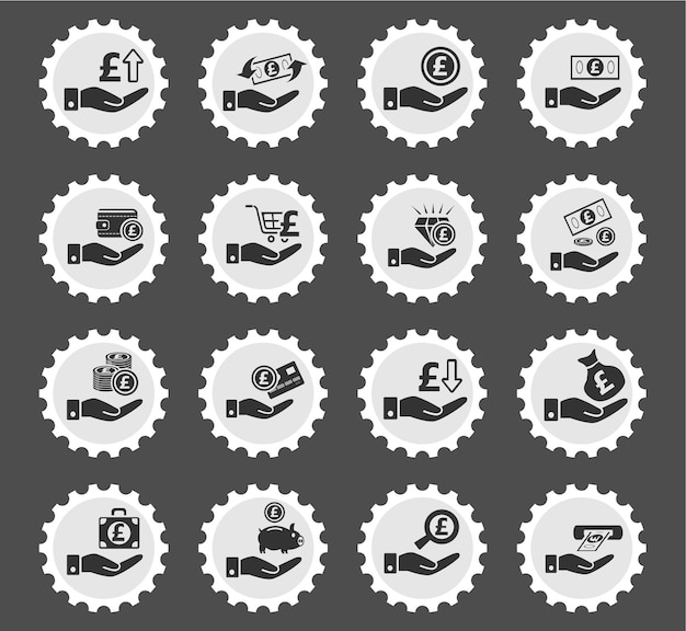 Hand and money icons on stylized round postage stamps