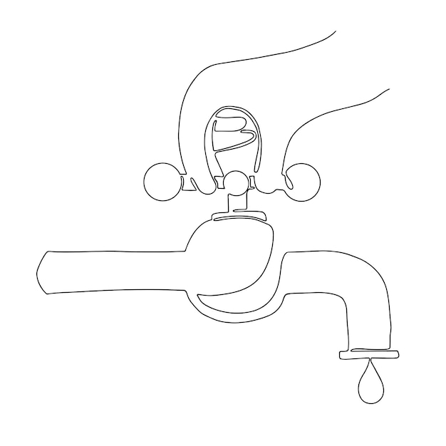 Vector hand opens the faucet a drop dripping from a faucet handdrawn illustration line art