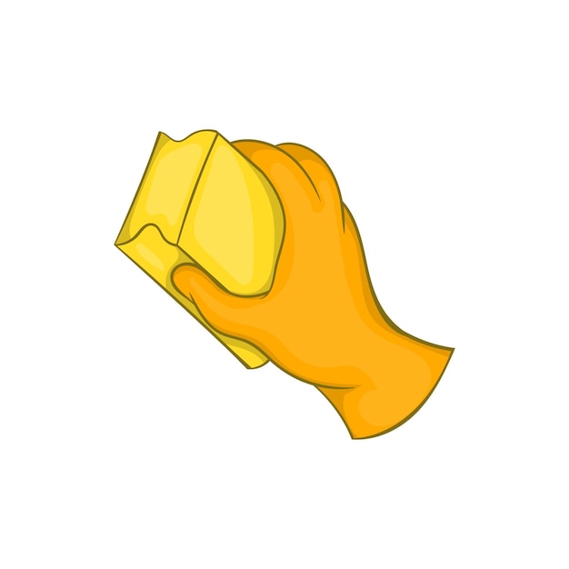 Hand in orange glove with rag icon in cartoon style on a white background