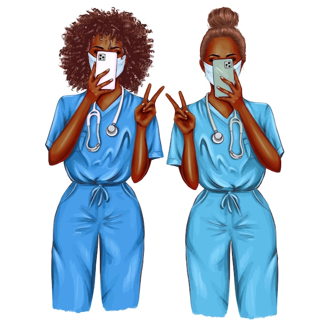 Hand painted african american nurses illustration Juneteenth day Selfie girls Best friends