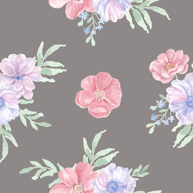 Hand Painted Anemone Watercolor Flower Seamless Pattern