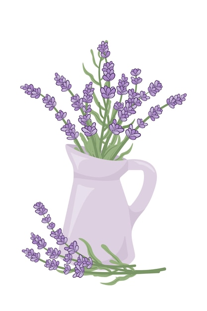 Hand painted bouquet of blooming lavender in purple jug and lavender sprig by the jug