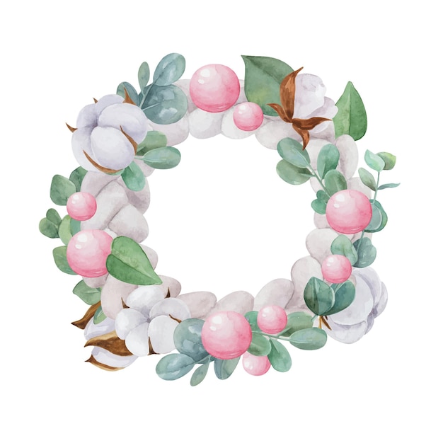 Hand painted holiday wreath with christmas decoration isolated on white background