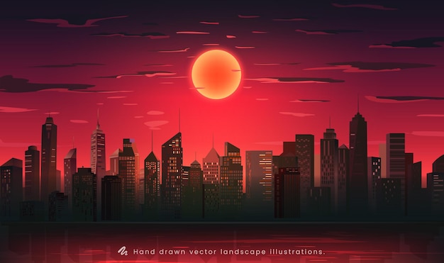 Hand painted horizontal landscape illustration Halloween city red sky and moon at night