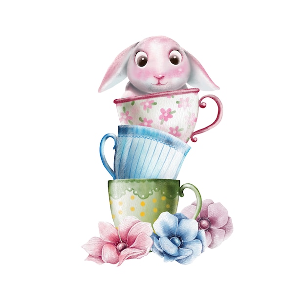 Hand painted illustration of cute bunny in teacup