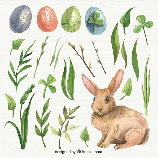 Vector hand painted leaves and lovely rabbit for easter's day