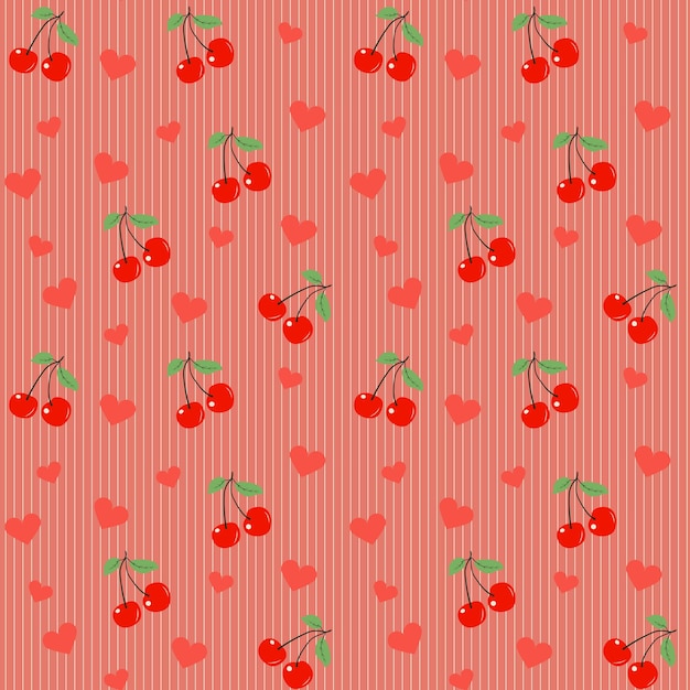 Hand painted seamless pattern with cherries in red black and vanilla on pink background