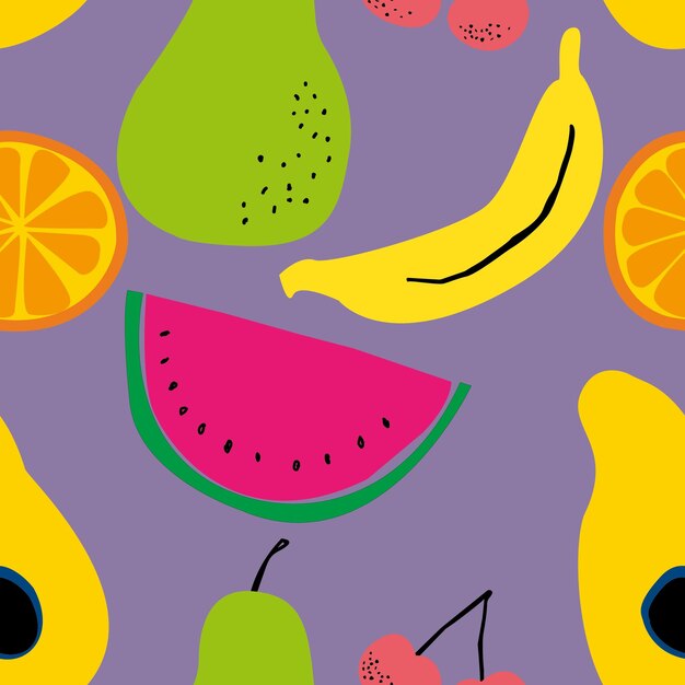 Vector hand painted seamless pattern with colorful fruits on purple background.