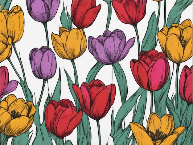 Vector hand painted seamless pattern with tulips vector background flowers and leaves