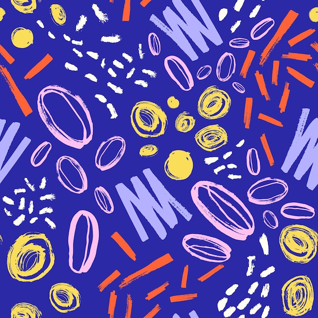 Hand painted seamless pattern with vivid marks, stains on blue