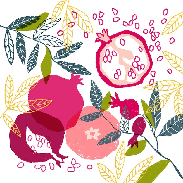 Hand painted vector floral poster with pomegranate