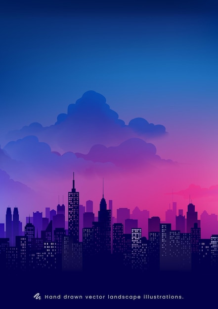 Vector hand painted vertical landscape illustration of the city under the blue and purple sky