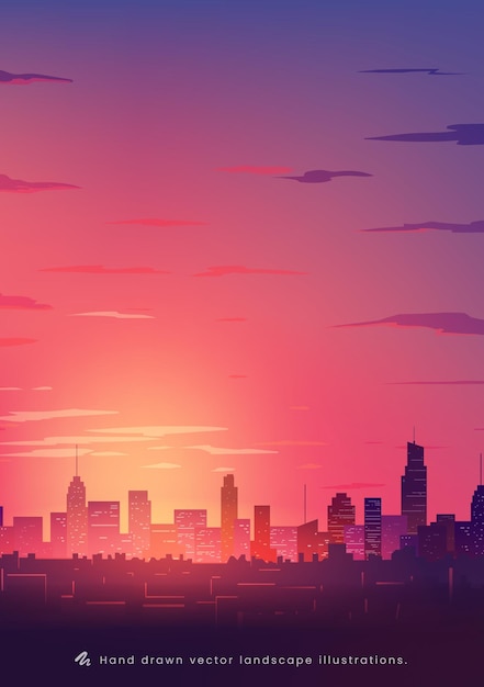 Vector hand painted vertical landscape illustration of a city at sunset or sunrise