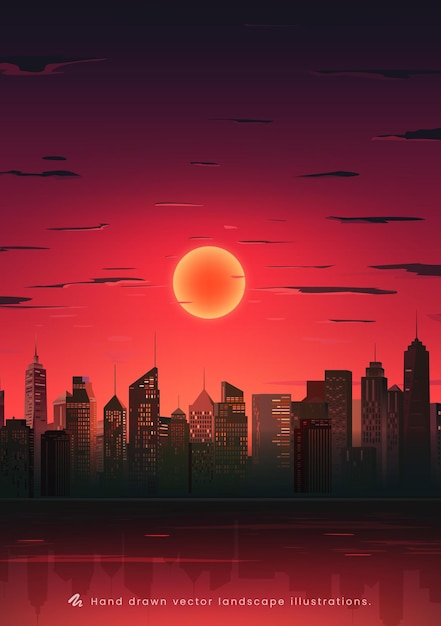 Hand painted vertical landscape illustration Halloween city red sky and moon at night