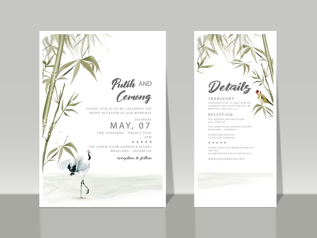 hand painted watercolor bamboo wedding invitation card template