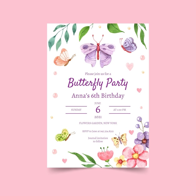 Vector hand painted watercolor butterfly birthday invitation template