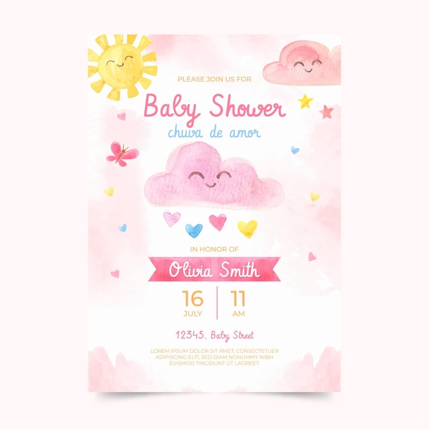 Hand painted watercolor chuva de amor baby shower invitation