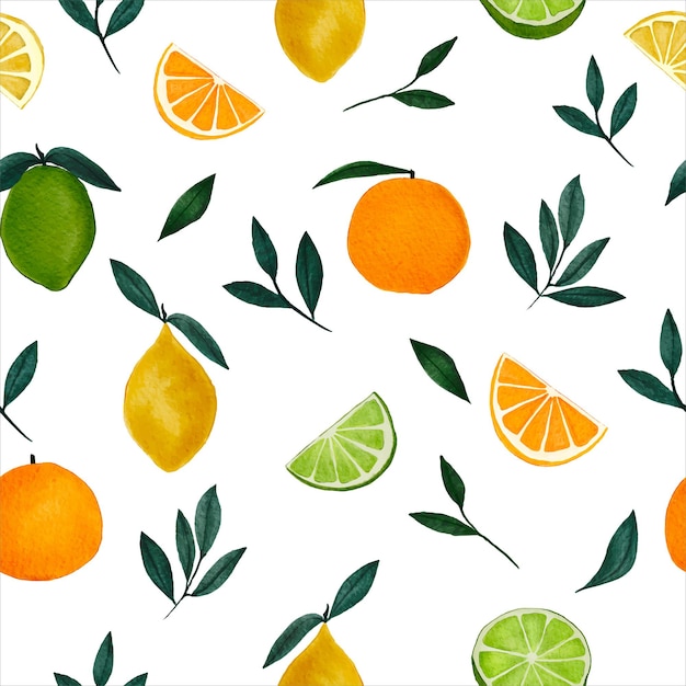 Hand painted watercolor citrus seamless pattern Wallpaper with orange fruit lime lemon tree branch