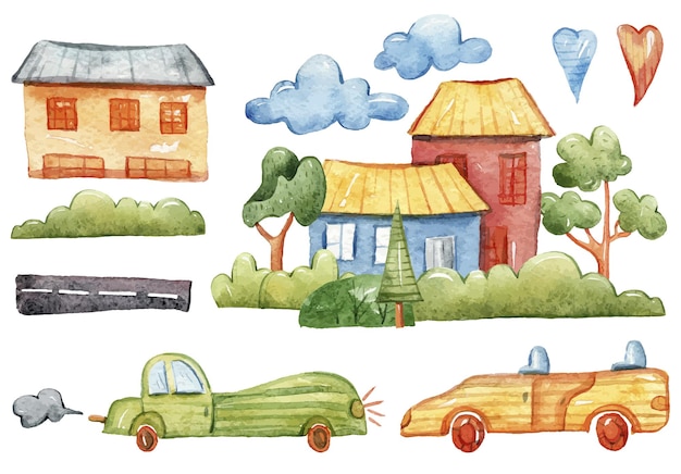 Hand painted watercolor cute kids car clipart set for stickers sublimation Funny illustrations