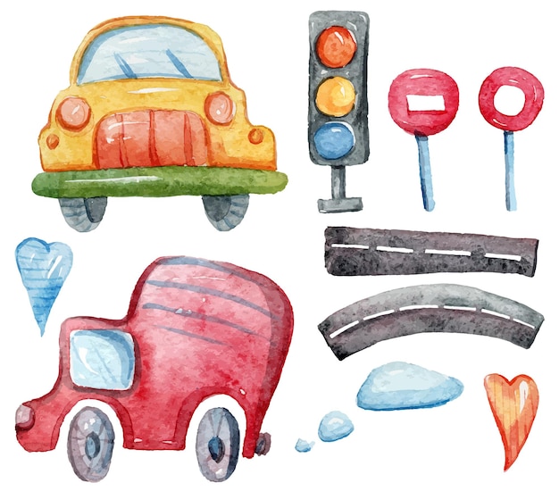 Hand painted watercolor cute kids cars and road signs clipart set for stickers Funny illustrations