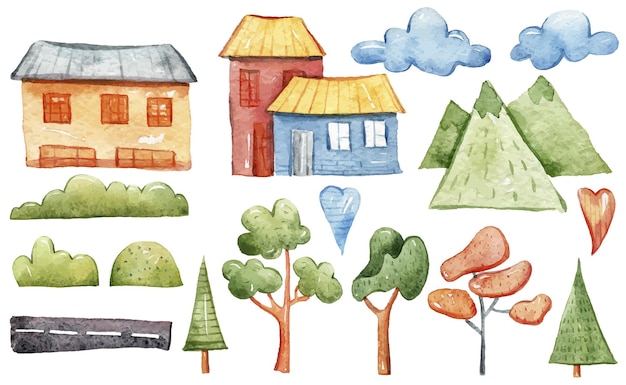 Hand painted watercolor cute kids trees and houses clipart set for stickers Funny illustrations