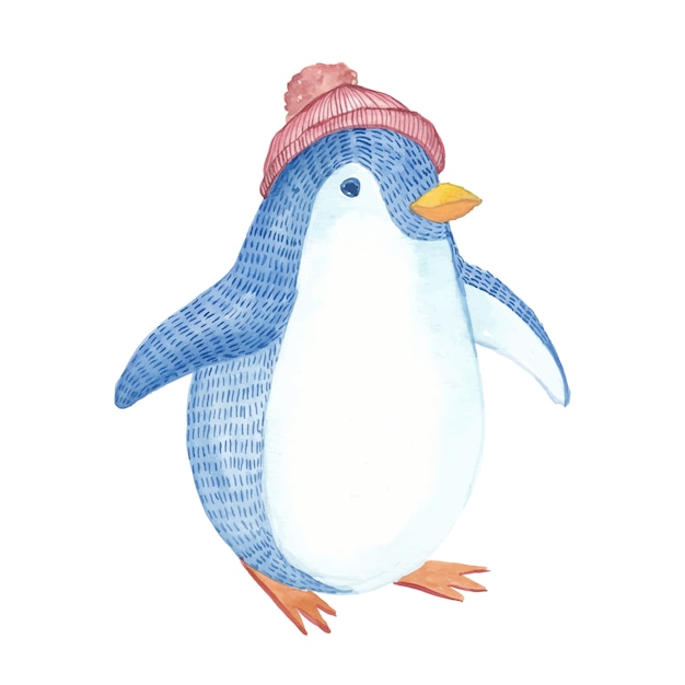 hand painted watercolor cute penguin with red hat