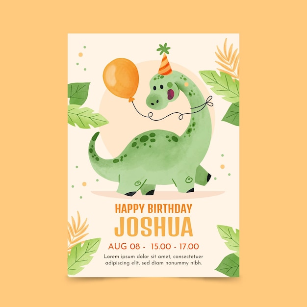 Hand painted watercolor dinosaur birthday invitation template