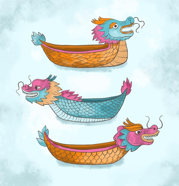 Vector hand painted watercolor dragon boat collection