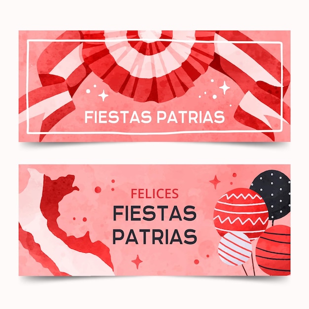 Vector hand painted watercolor fiestas patrias de peru banners set