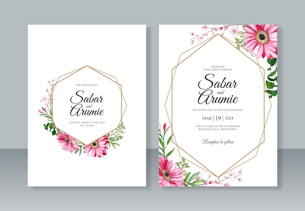 Hand painted watercolor floral and geometric border for wedding invitation card set template