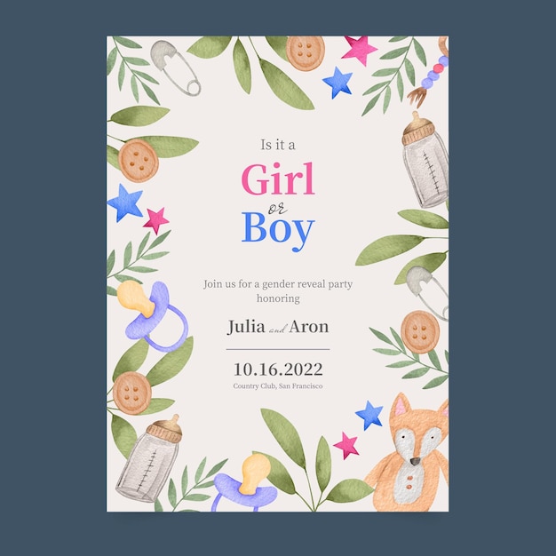 Hand painted watercolor gender reveal invitation template