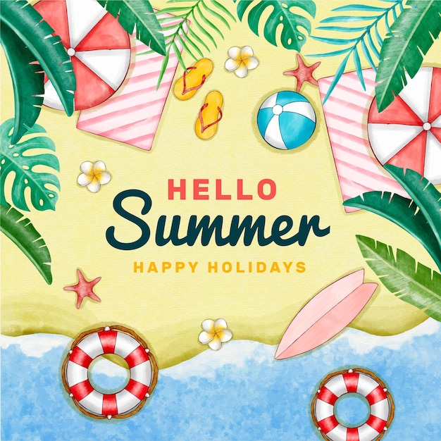 Hand painted watercolor hello summer illustration