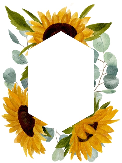 Hand painted watercolor hexagon shaped frame with sunflowers and silver dollar eucalyptus branches